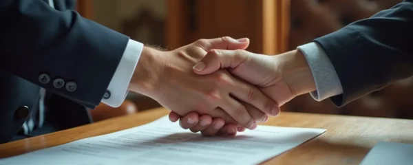 Moment émotionnel lors d'une signature d'adoption simple chez le notaire, mains se rencontrant sur un acte officiel