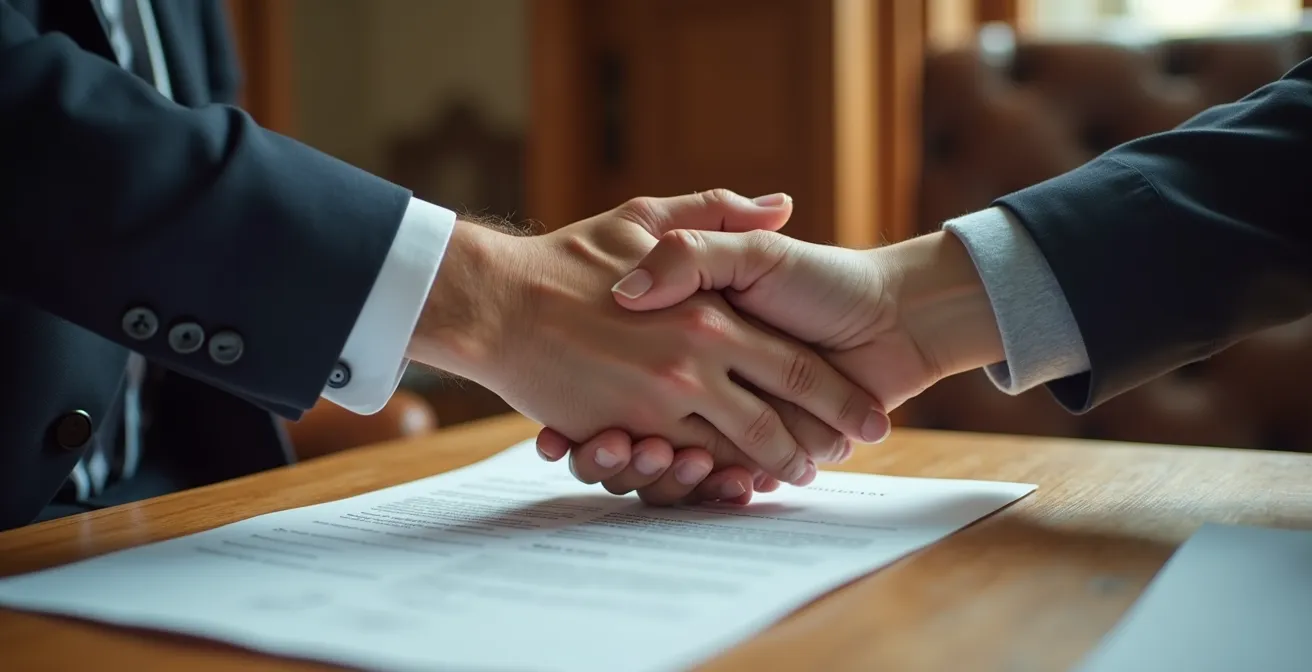 Moment émotionnel lors d'une signature d'adoption simple chez le notaire, mains se rencontrant sur un acte officiel