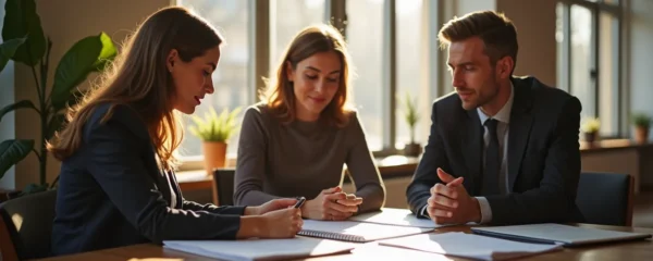 Trois adultes en discussion collaborative autour d'une table dans un cadre professionnel minimaliste, examinant ensemble des documents concernant la succession immobilière