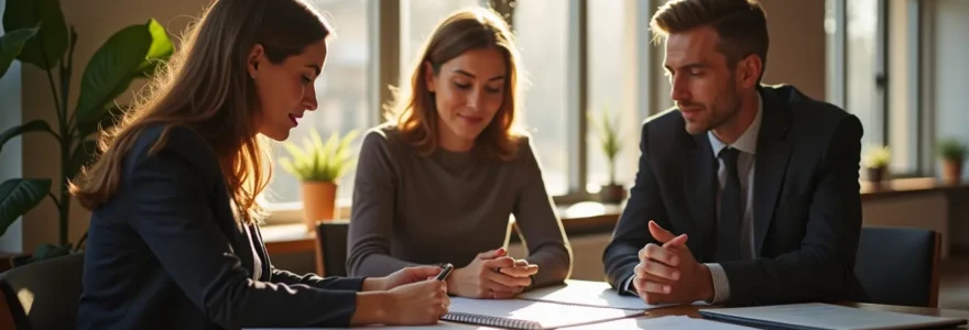 Trois adultes en discussion collaborative autour d'une table dans un cadre professionnel minimaliste, examinant ensemble des documents concernant la succession immobilière