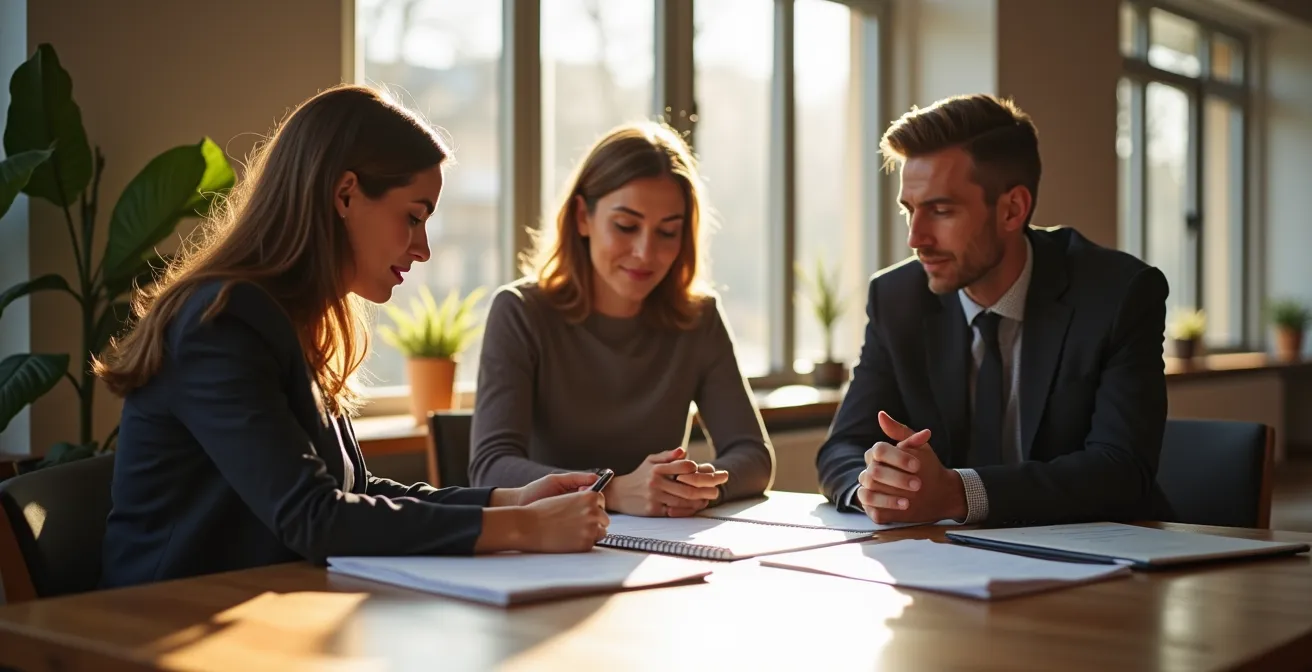 Trois adultes en discussion collaborative autour d'une table dans un cadre professionnel minimaliste, examinant ensemble des documents concernant la succession immobilière