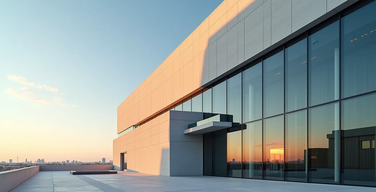 Vue architecturale épurée d'un palais de justice moderne avec lignes géométriques