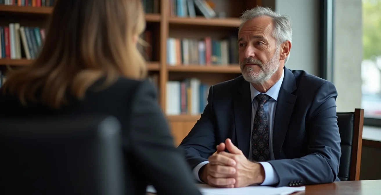 Avocat en consultation avec son client dans une atmosphère de confiance professionnelle