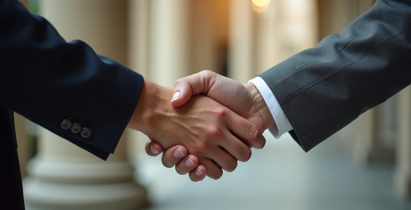 Gros plan sur une poignée de main entre deux personnes devant l'entrée d'un tribunal