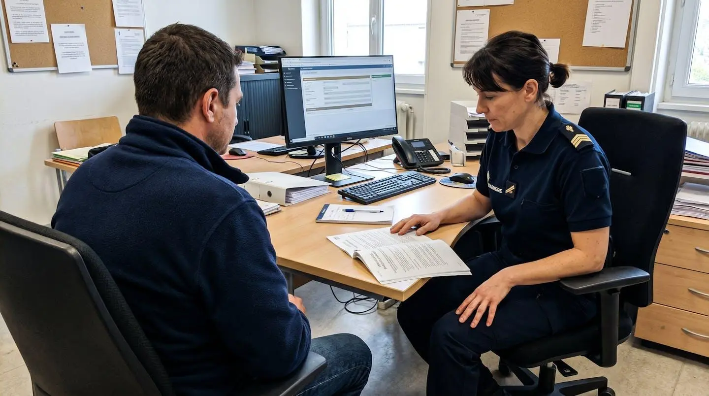 Scène d'interaction dans un bureau de commissariat où une personne écoute l'explication de ses droits procéduraux par un officier, vue de profil