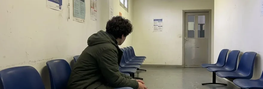 Personne de dos assise dans une salle d'attente de commissariat moderne, dans une posture d'attente et de réflexion