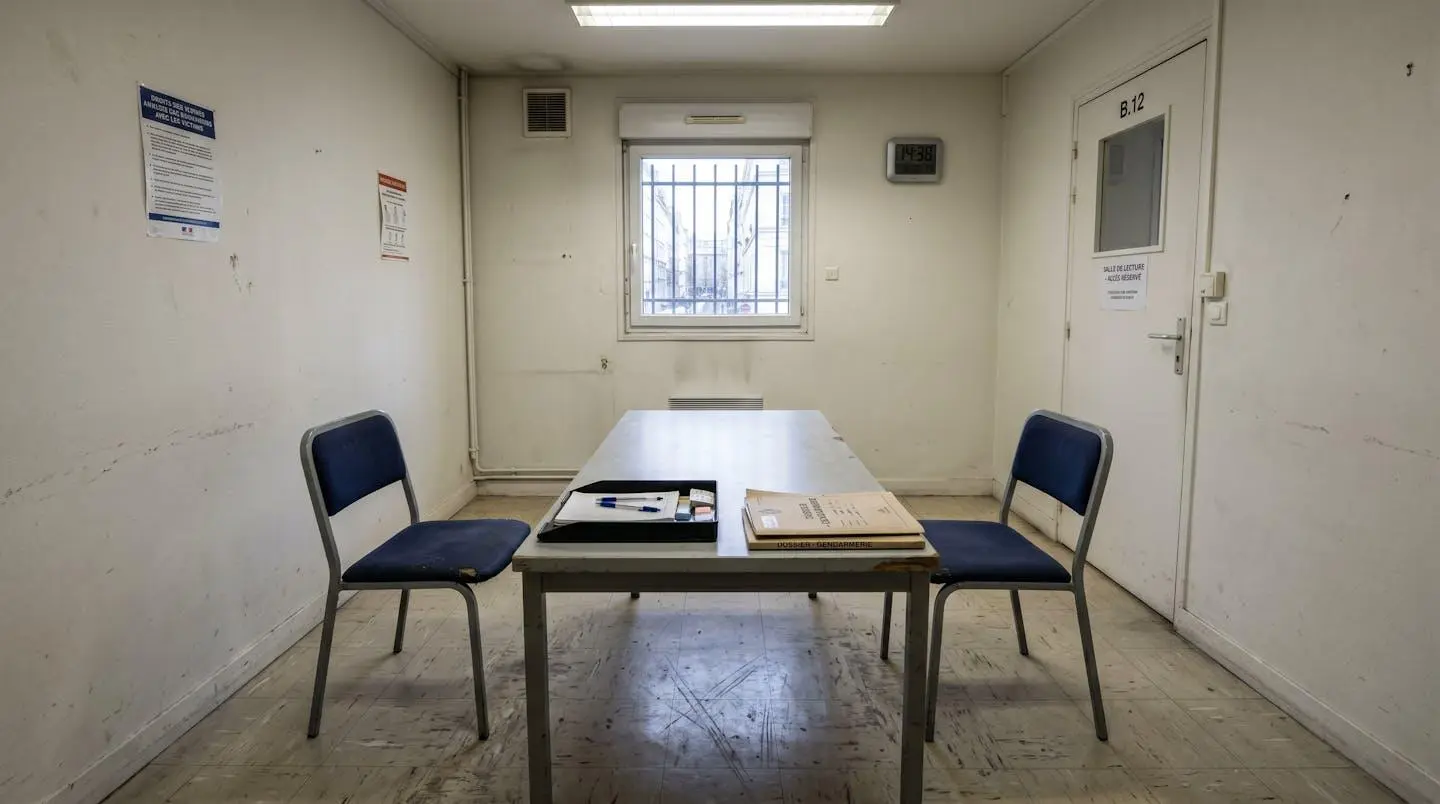 Salle de consultation vide dans un commissariat français avec table et deux chaises face à face, éclairage institutionnel